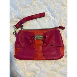 Betsey Johnson Zip Purse Clutch Bag Fuchsia Pink & Orange Bow Wristlet